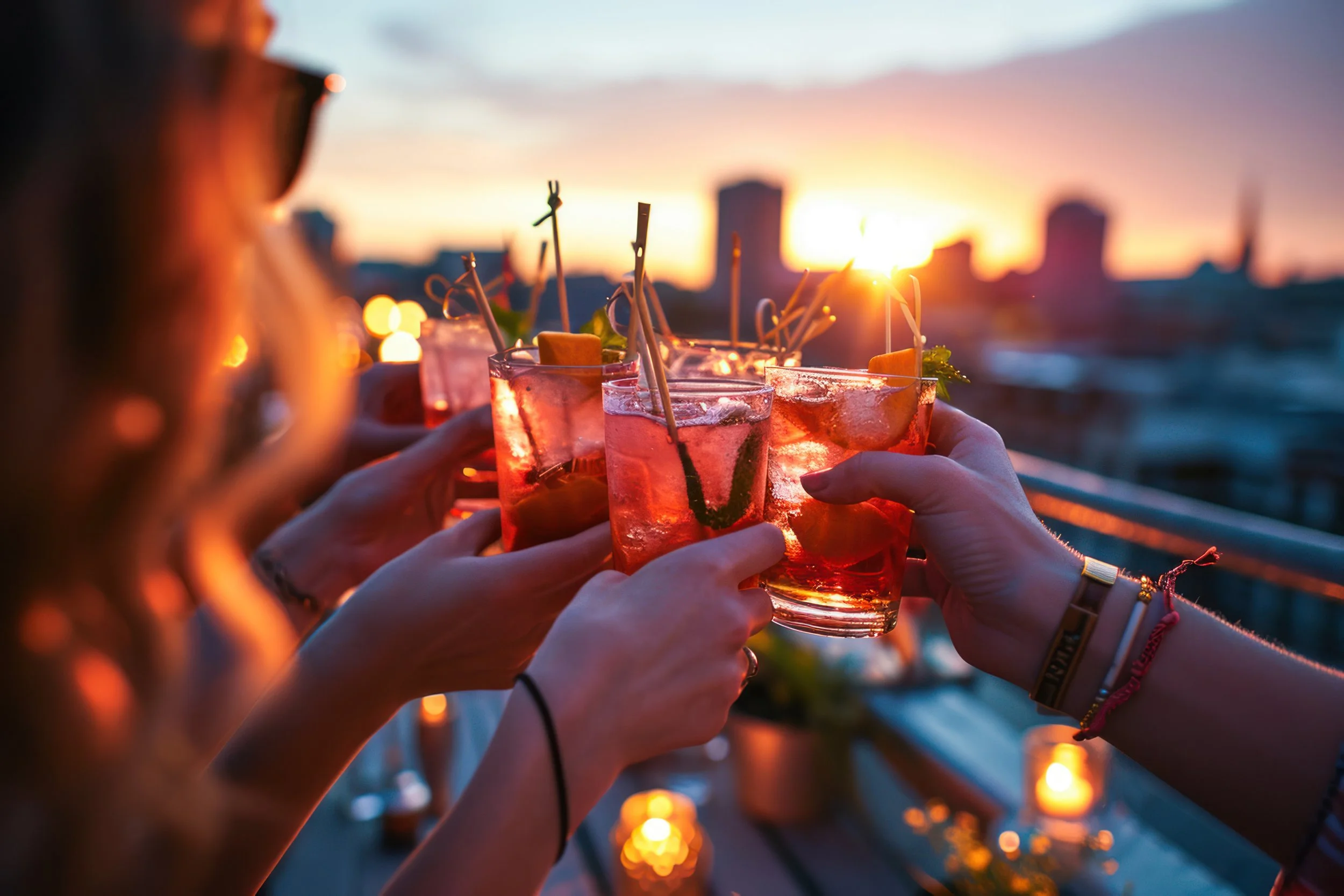 People clinking glasses of pink cocktails with lemon and mint garnishes during sunset on a rooftop.