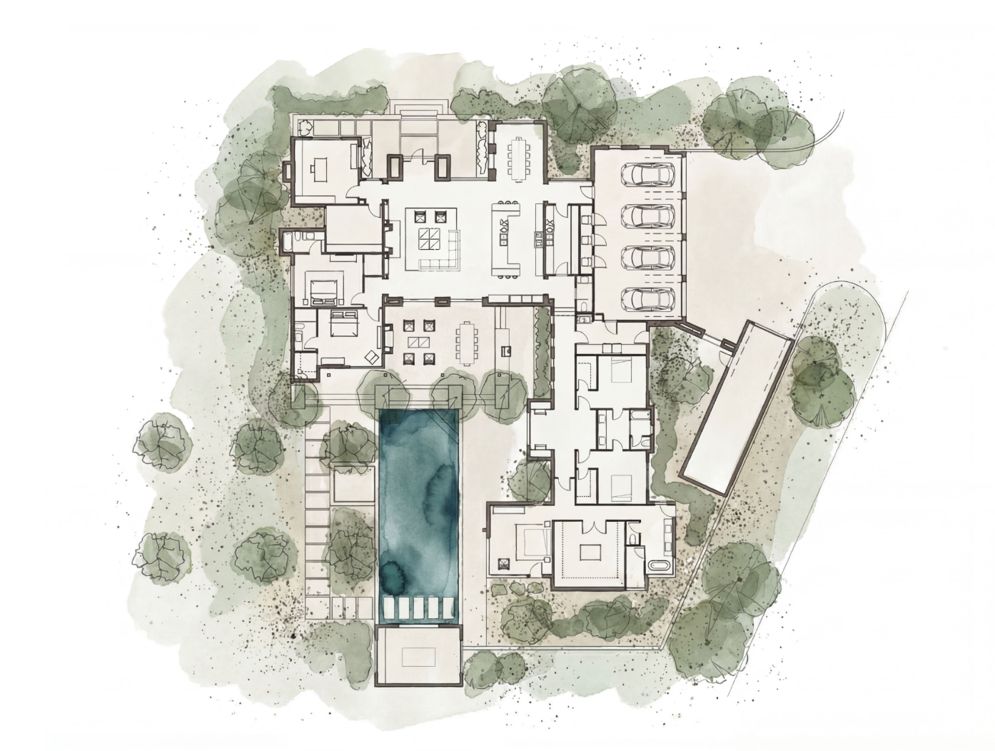 Architectural floor plan of a modern house with landscaped outdoor areas, including a swimming pool, garden, trees, and parking spaces.