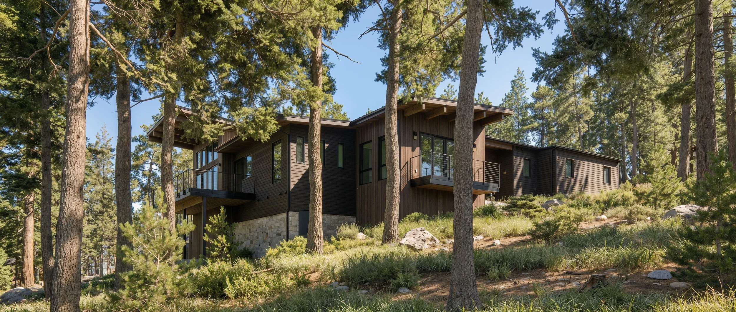 Modern house with wooden exterior and large windows, situated among tall pine trees in a forested area.