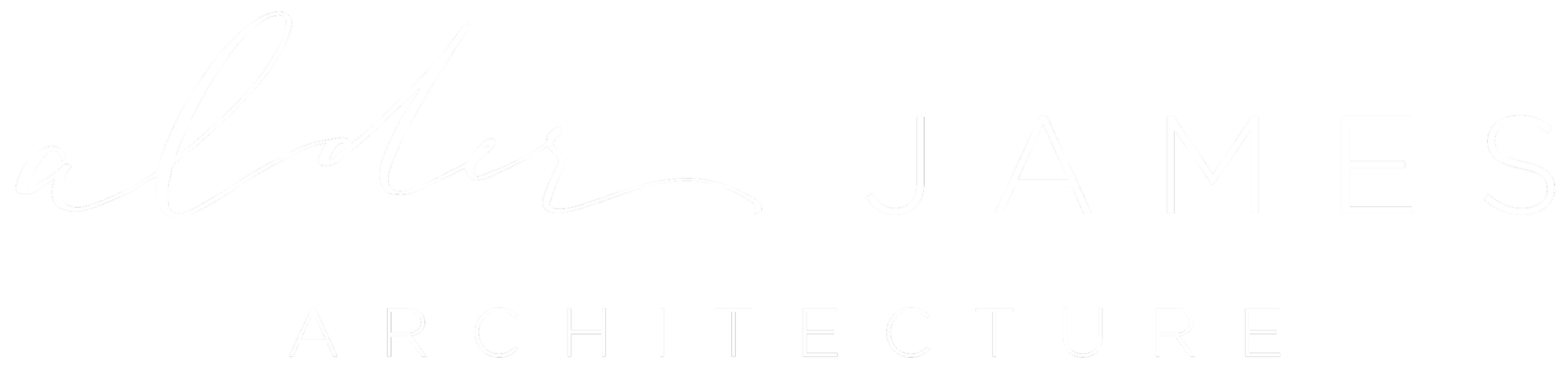 a white alder james architecture logo featuring a handwritten alder script followed by a san serif font with james and architecture