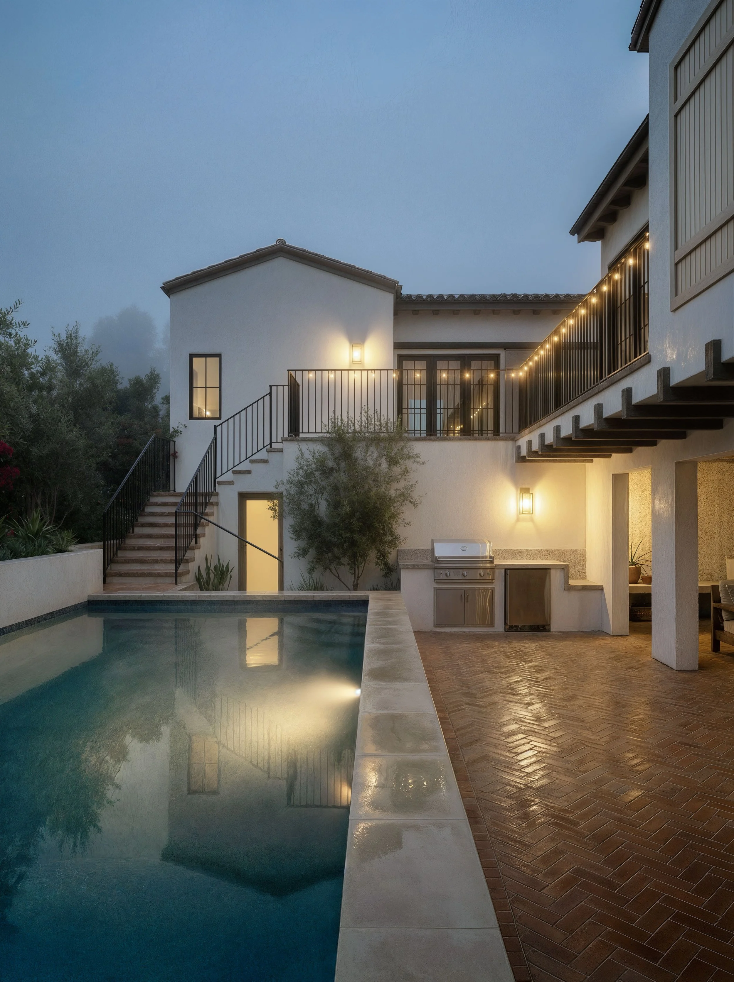 Exterior view of a modern house with a swimming pool, outdoor kitchen, and balcony with string lights during dusk.
