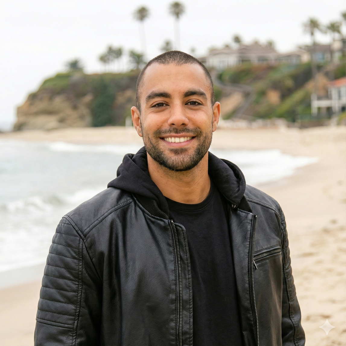 A smiling man with short dark hair and a beard, wearing a black leather jacket and black hoodie, standing on a beach with waves, sand, and houses on a hill in the background.