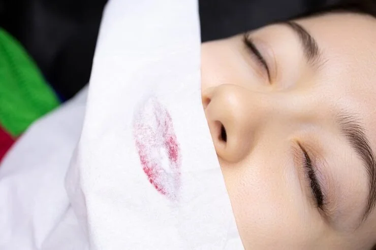 Close-up of a woman with closed eyes and a tissue with lipstick mark on her face.