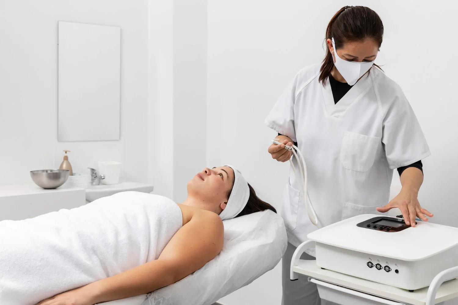 A woman lying on a treatment bed, wearing a white headband, while a healthcare professional adjusts a machine next to her in a medical or spa setting.