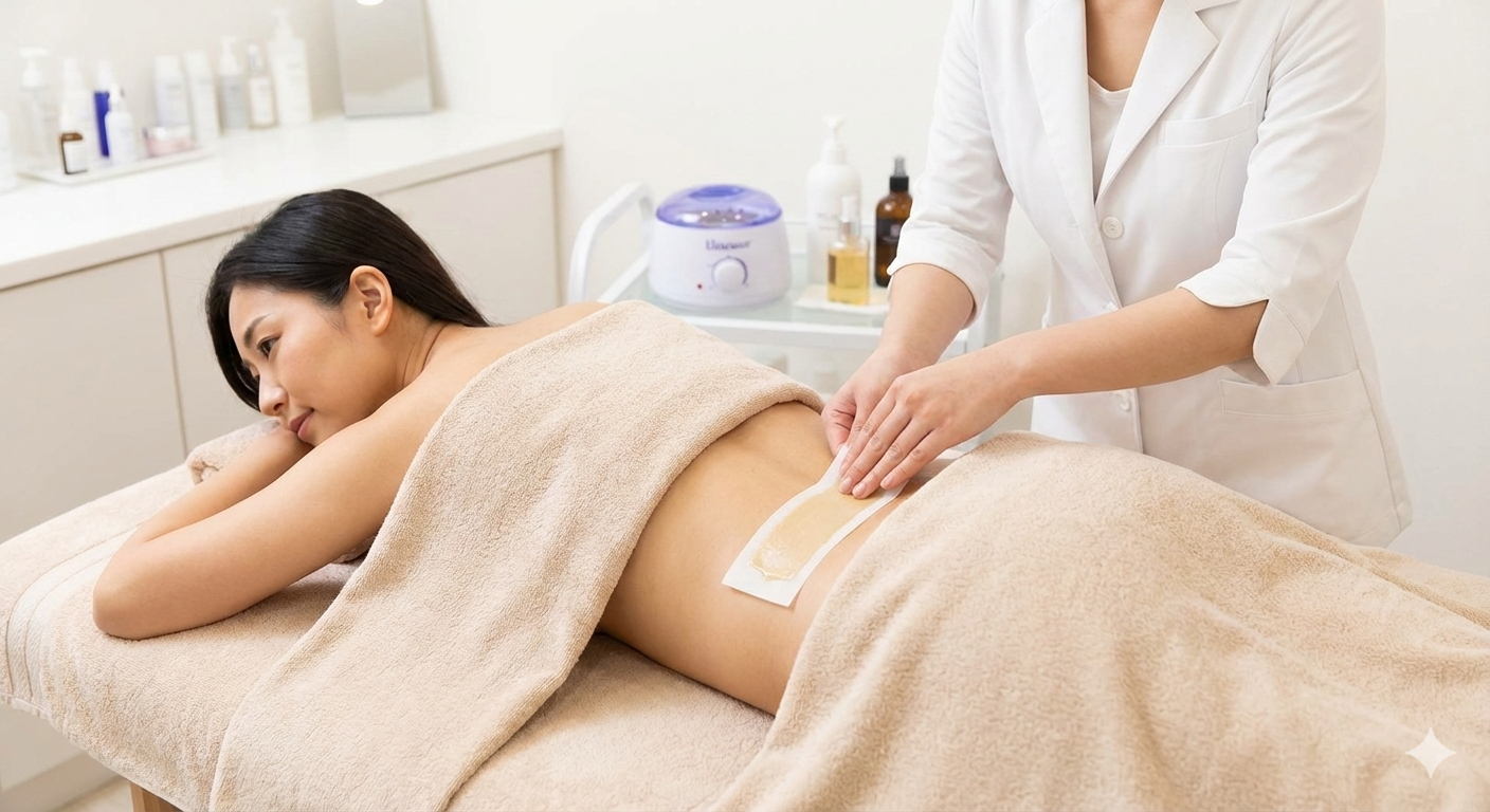 A woman lying face down on a massage table, receiving a waxing treatment on her lower back from a professional in a clinical setting.