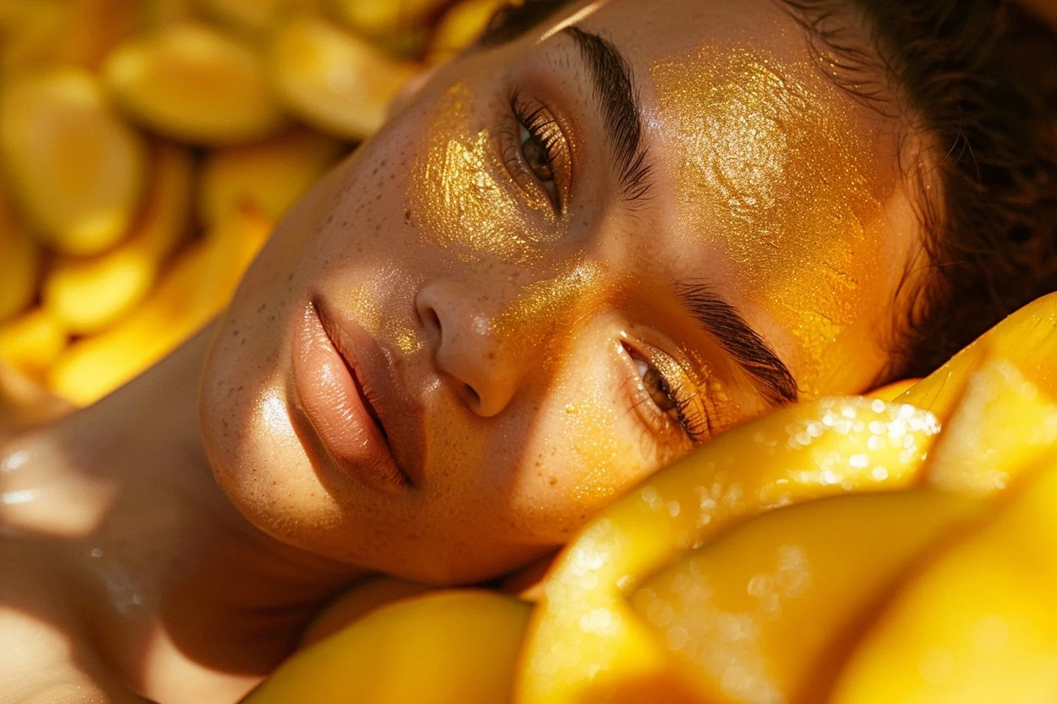 A close-up of a woman with golden makeup and glitter, lying amidst yellow mango slices.