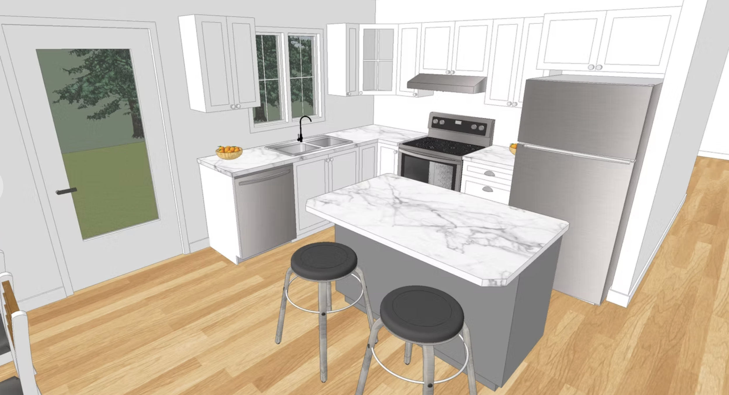 3D rendering of a modern kitchen with white cabinets, marble countertops, a stainless steel refrigerator, black stove, and bar stools at a marble-topped island, with windows showing greenery outside.