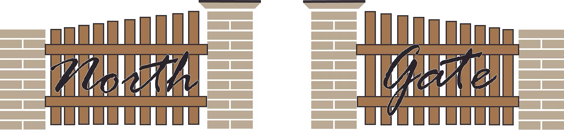Subdivision development logo of a brick wall with two wooden gates, one labeled 'North' and the other labeled 'Gate' in black cursive writing.