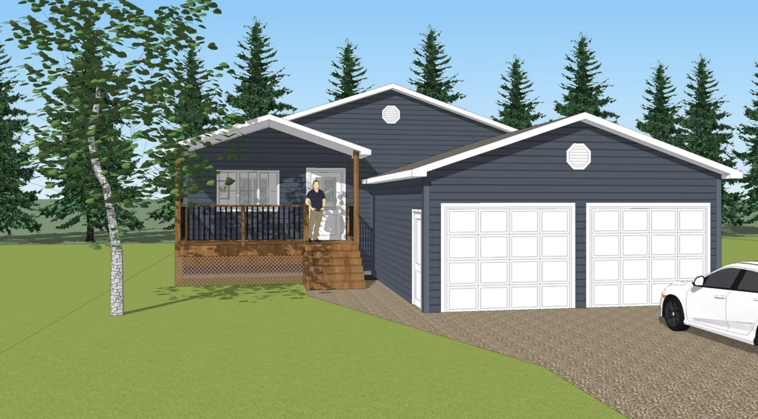 Sketch of a house with a dark blue exterior, a garage with two white doors, a front porch with a person standing on it, a gravel driveway, and trees in the background.