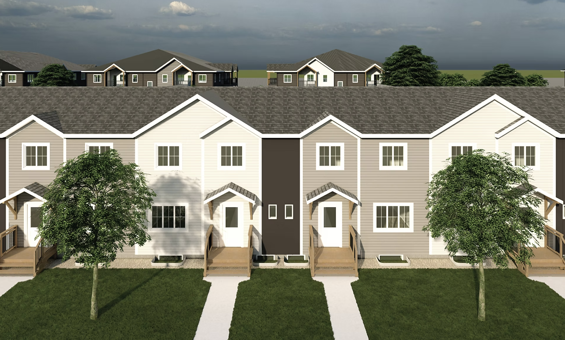A row of six new modern townhouses with front steps, small porches, and windows, surrounded by green grass. New townhouse development in Manitoba.