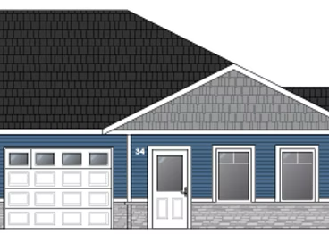Residential development home with front view of a house with a blue exterior, white front door, three large windows, a garage door, and a dark shingled roof.