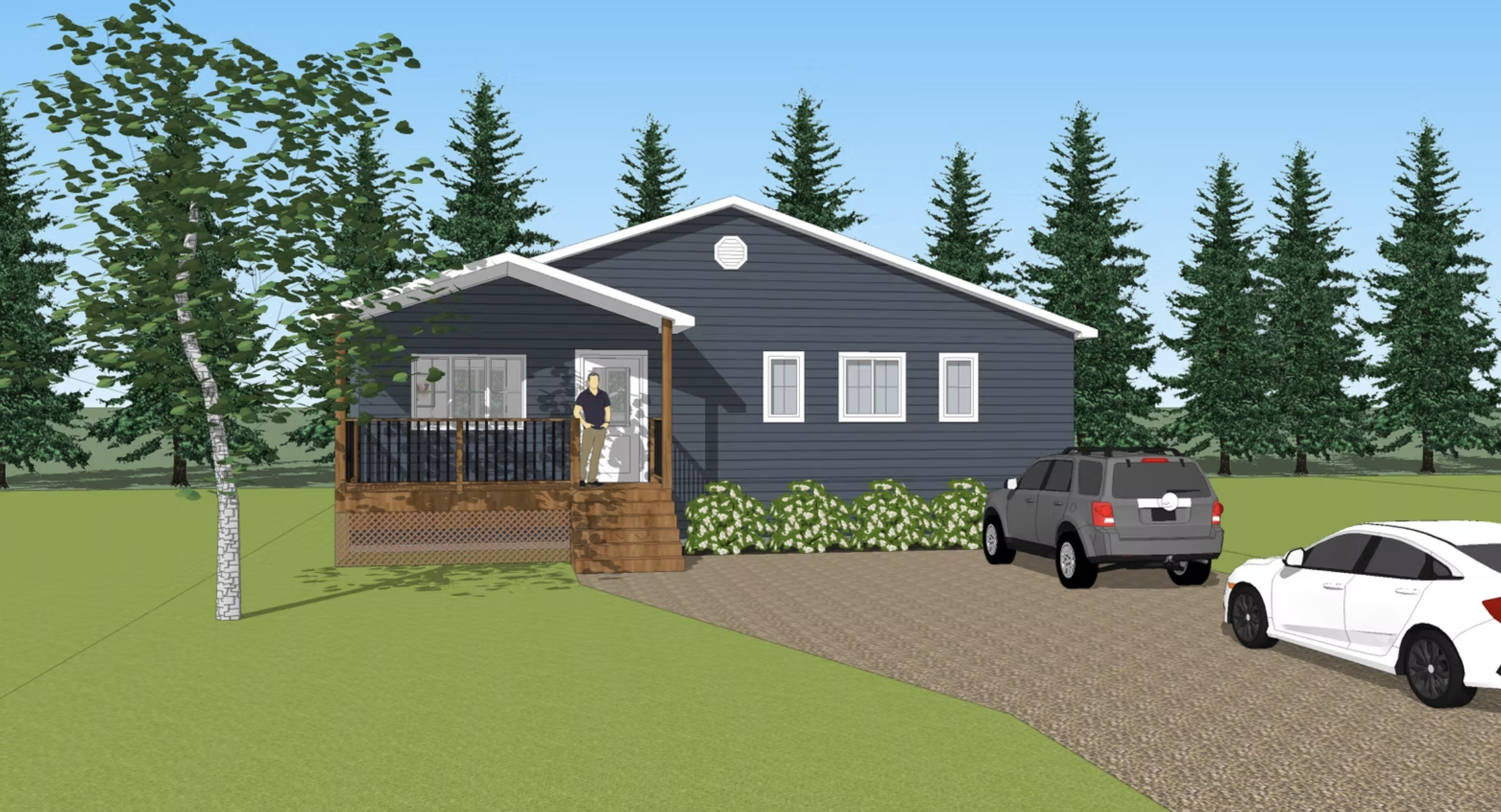 A digital rendering of a blue house with a front porch, surrounded by trees and a lawn, with three cars parked on a gravel driveway.
