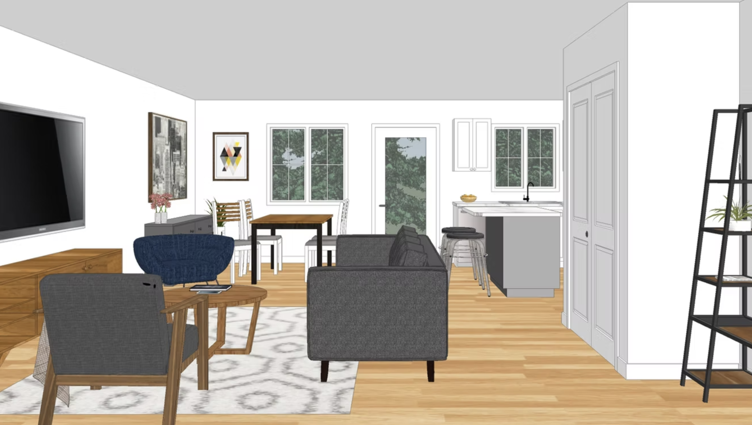 Illustration of a living room with a gray sofa, blue armchair, wooden coffee table, wall-mounted TV, and a dining area with a wooden table and chairs. The room has large windows showing greenery outside, a white and gray color scheme, and a wooden floor.