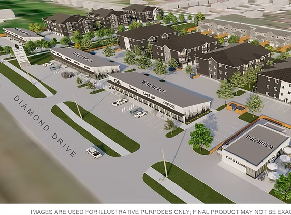 A rendering of a subdivision real estate development with available commercial property.