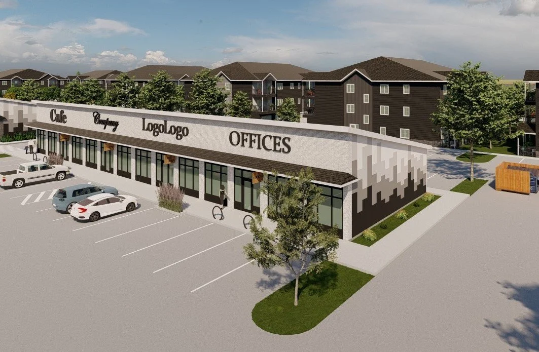 A modern commercial building with a parking lot in front, signage reading 'Cafe,' 'Country,' 'LogoLogo,' and 'Offices,' and trees lining the area, with residential buildings in the background.