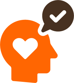 Outline of a human head with a heart inside and a check mark in a speech bubble above