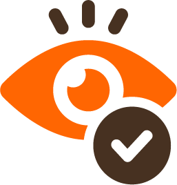 An orange eye with black details and an eye verification checkmark