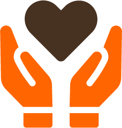 Two orange hands holding a brown heart.