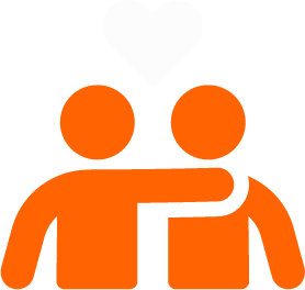Two orange figures with arms around each other's shoulders, with a white heart above them, on a black background.