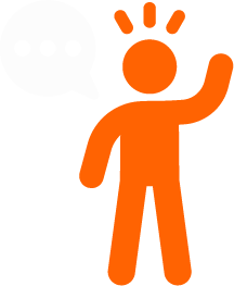 Orange human figure with a raised arm, waving, with a speech bubble nearby