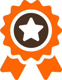 A medal with a star in the center and orange ribbons.