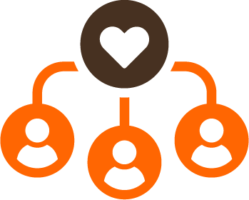 A heart icon above a network diagram with three connected user icons.