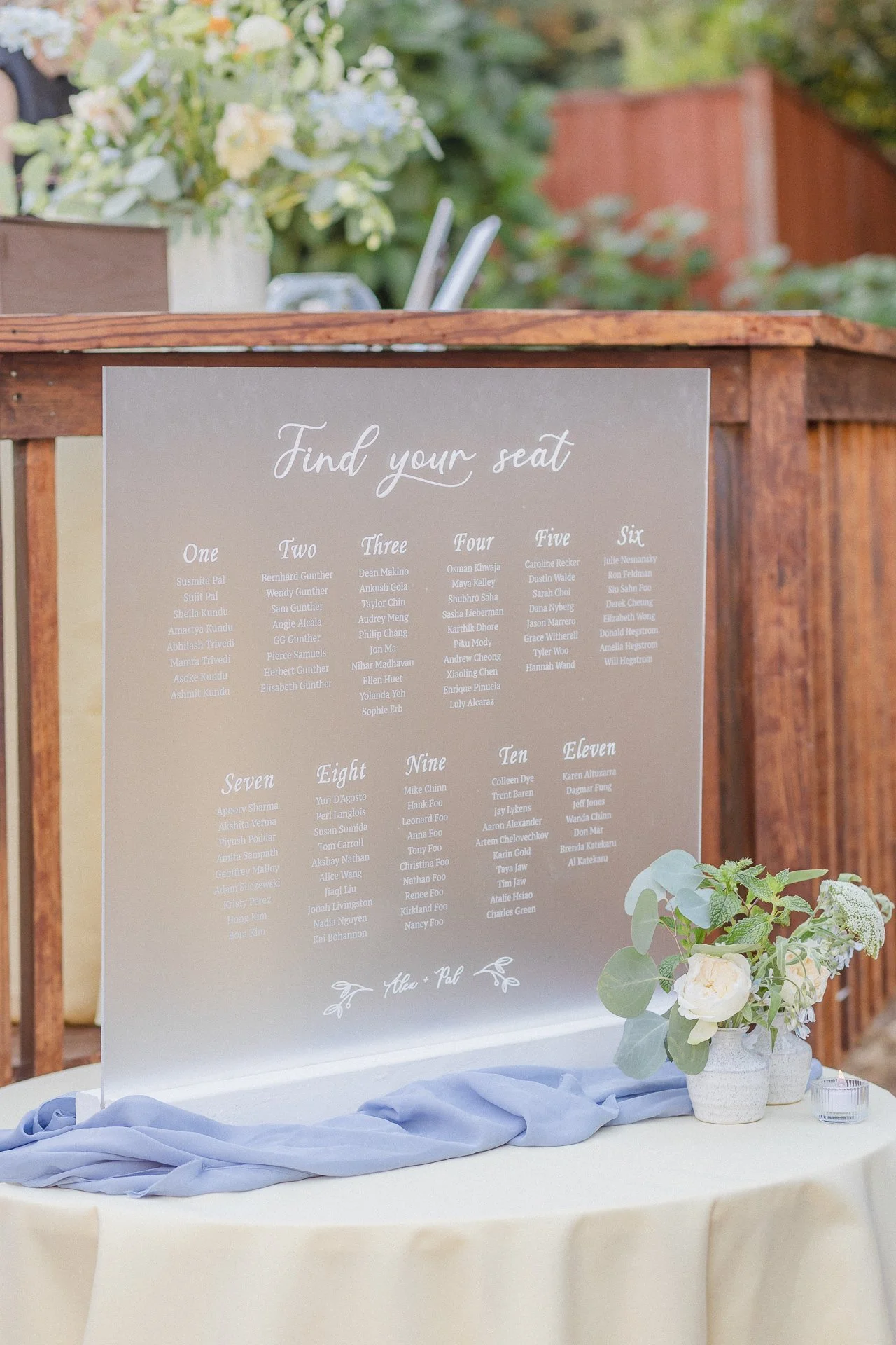 Wedding seating chart on an acrylic display at an outdoor reception with floral decorations in the background.