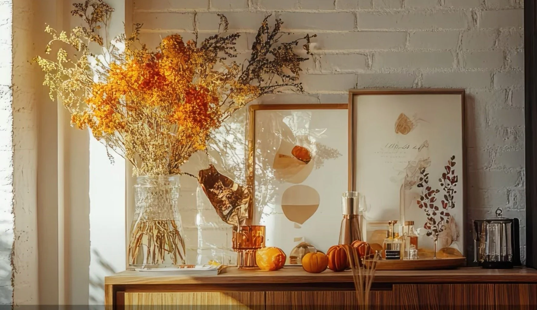 Decorative still life with dried autumn flowers in a glass vase, framed botanical art on a white brick wall, small pumpkins, and perfume or essential oil bottles on a wooden surface.