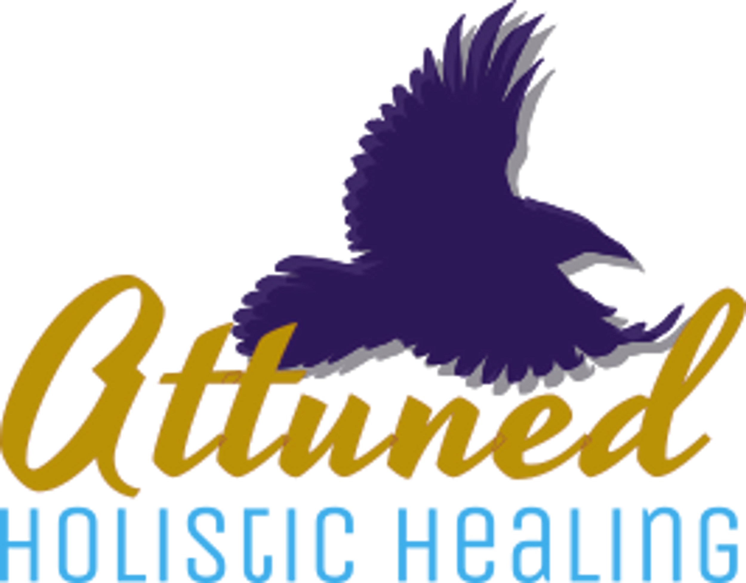 logo brand of attuned holistic healing including a purple raven silhouette, with text underneath reading "Attuned" in gold, and "holistic healing" in teal