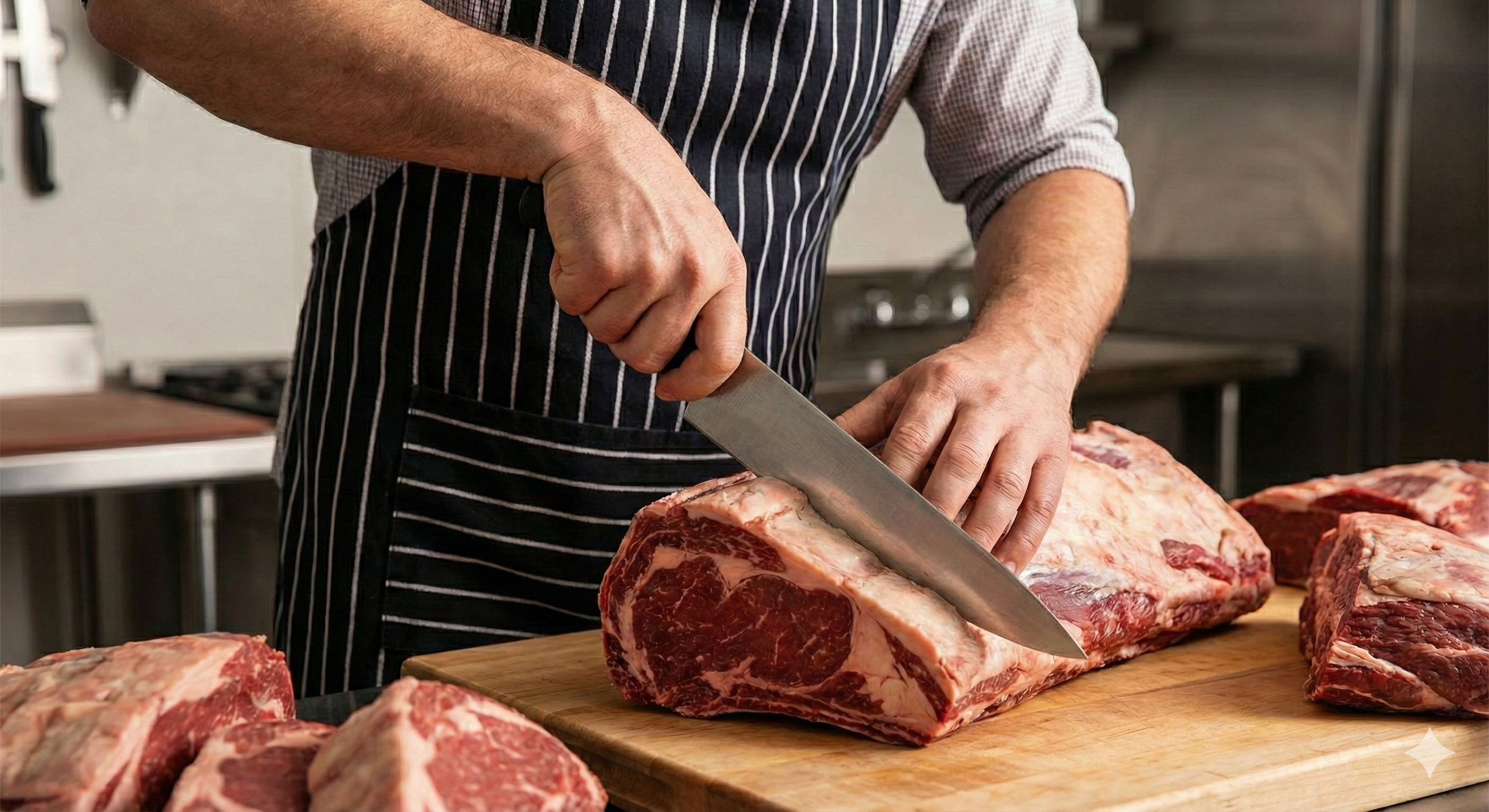 A person in a apron is slicing a large piece of raw beef on a wooden cutting board with a chef's knife. More pieces of raw beef are in the foreground and background.