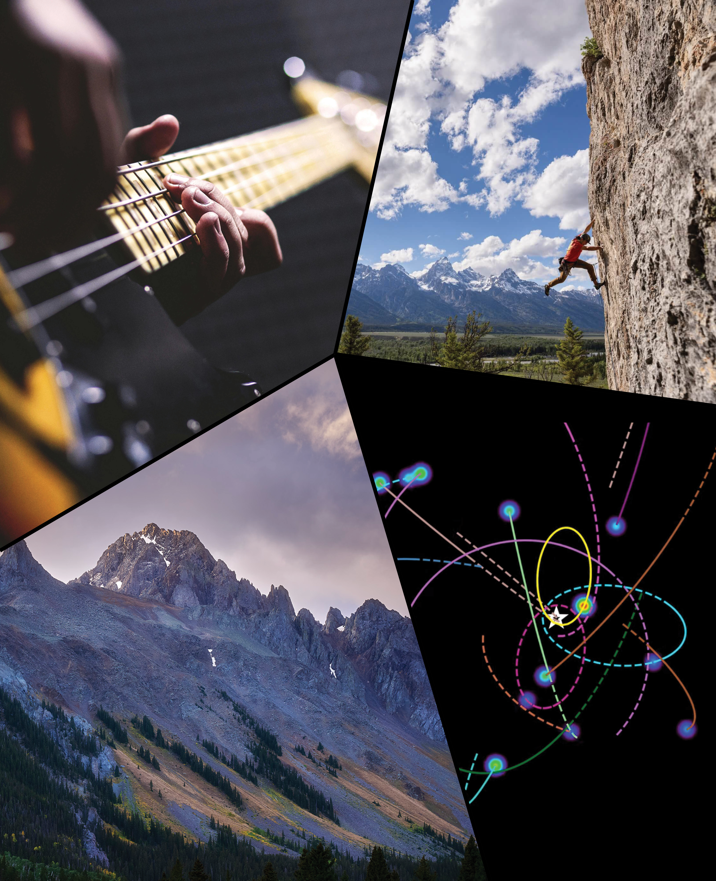 A collage of four images: a person playing an electric guitar, a person rock climbing on a mountain, a mountain landscape with rugged peaks, and a computer-generated visualization of orbital paths with glowing points.