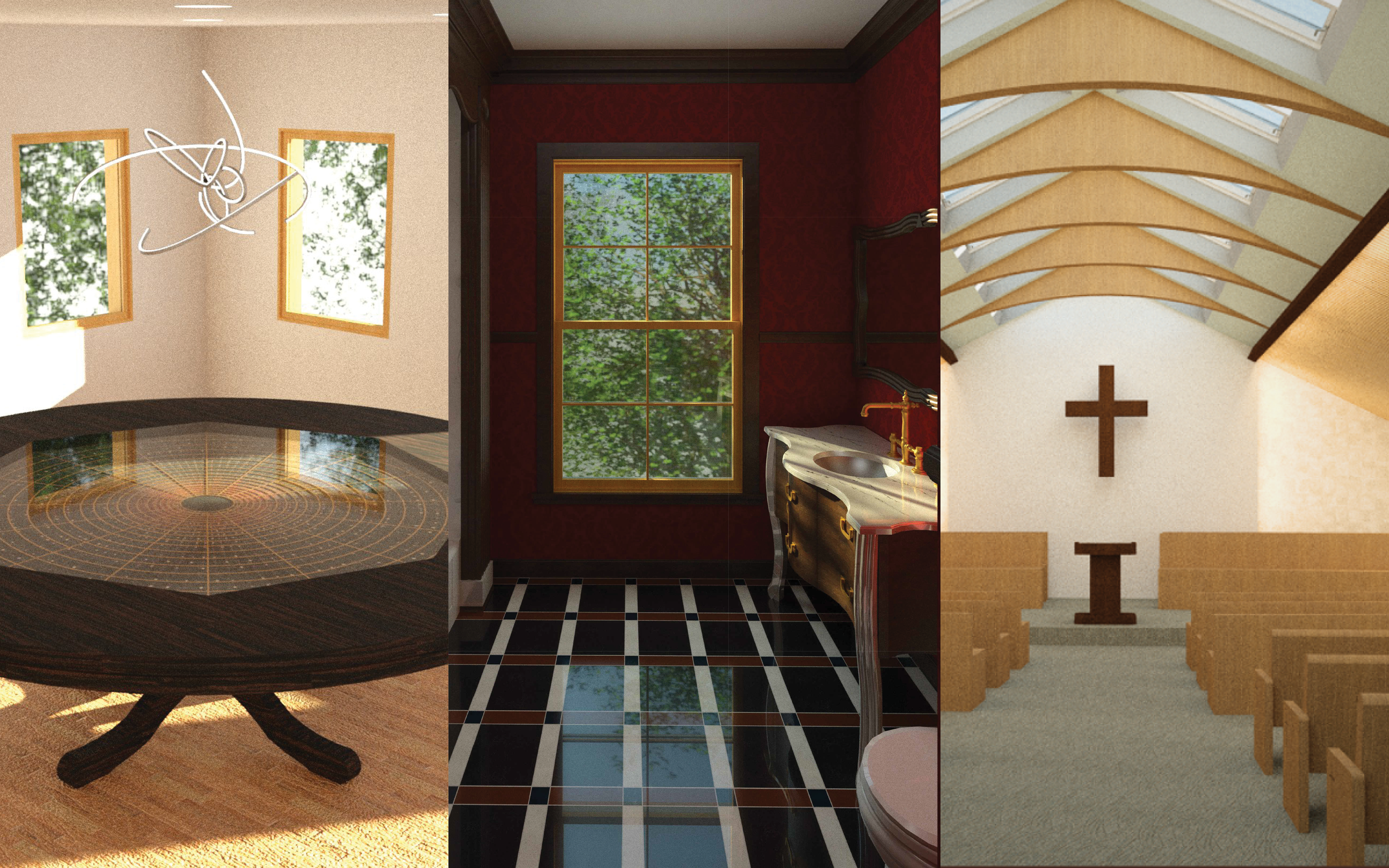 Three interior views of religious spaces: a round table with a digital 3D design in a room with windows and wood flooring, a bathroom with a window, red walls, and a black and white tiled floor, and a church with wooden pews, a cross, and a curved roof with skylights.