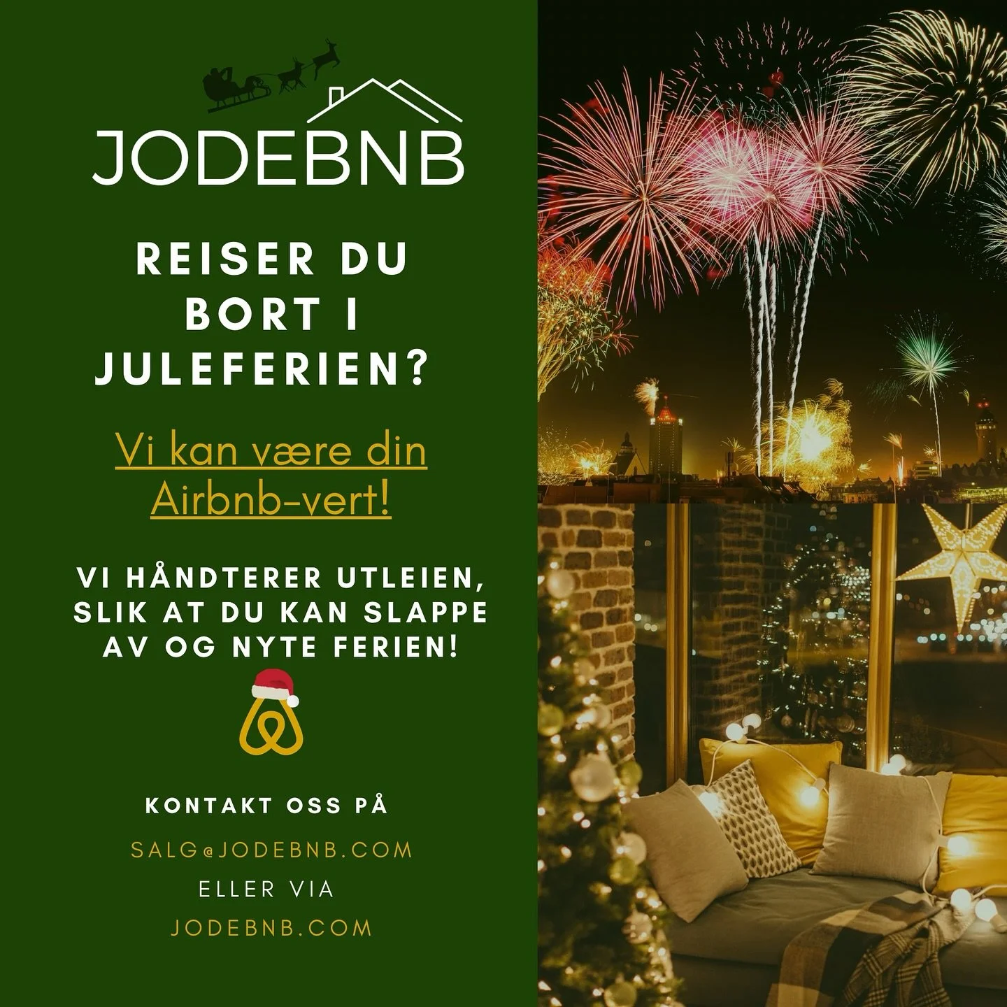 Skal du bort i julen?🎄Vi h&aring;ndterer Airbnb-gjestene dine, slik du kan slappe av og nyte ferien!🎁🌟

Kontakt oss p&aring;
www.Jodebnb.com
#airbnb #utleie #&aring;lesund