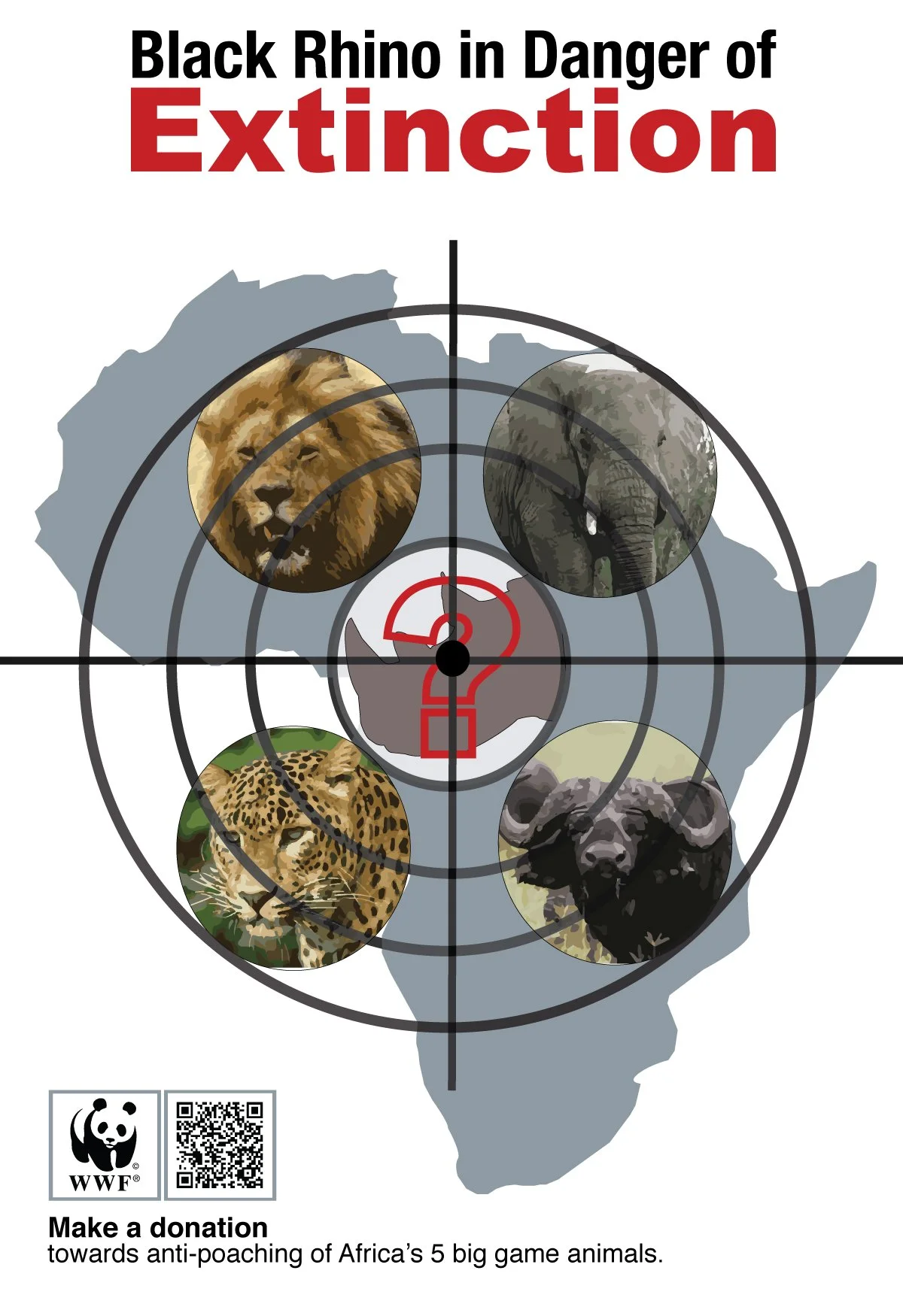 World Wildlife Fund Anti-poaching poster targeting the silhouette of a black rhino with four other game animals in view of a gun hole.