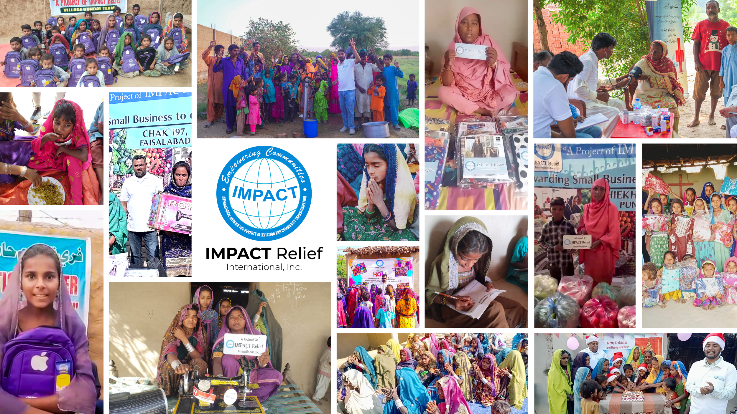 Collage of photos showing community outreach and relief efforts by IMPACT Relief International, including distribution of supplies, medical aid, and group gatherings of children and adults in a rural area, with a central IMPACT logo.