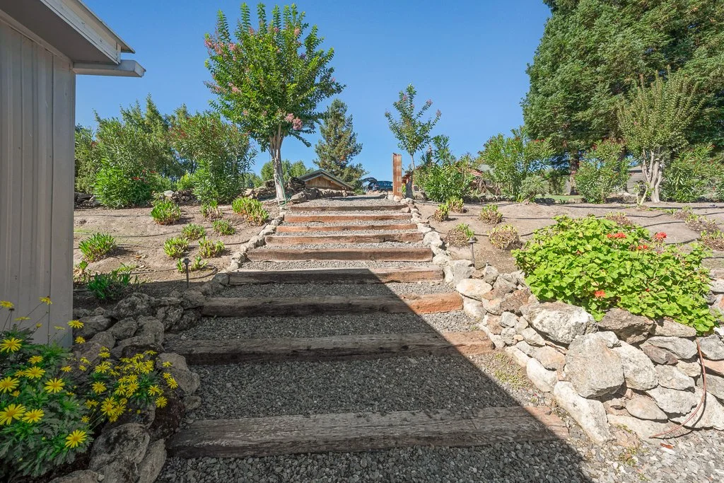 A gravel pathway with wooden steps leading up a small hillside garden with various green plants and trees, under a clear blue sky.