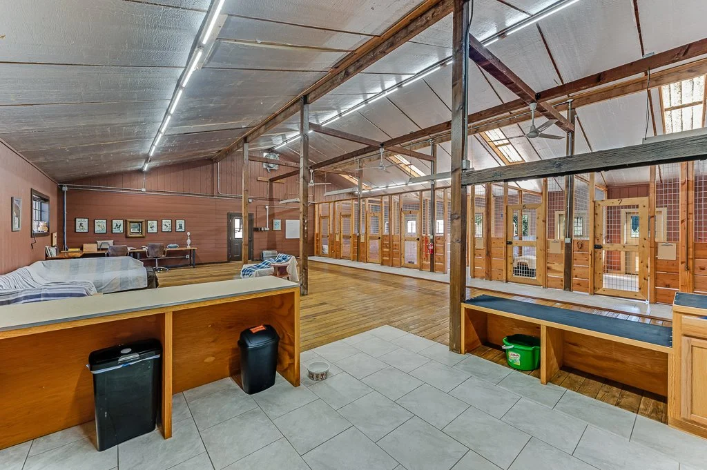 Interior of a large barn with wood walls, ceiling fans, and a rustic look. It has a spacious area with wooden floors, a seating area, framed pictures on the wall, and multiple small animal enclosures or pens made of wood and wire fencing.
