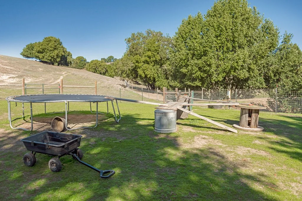 A backyard with a trampoline, a wagon, and wooden structures on a grassy area with trees and a hill in the background.