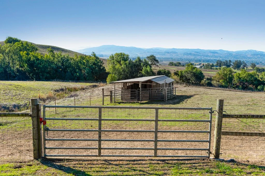 A rural farm scene with a metal gate in the foreground leading to a pasture, a small wooden barn in the middle ground, and rolling hills with trees and distant mountains in the background.