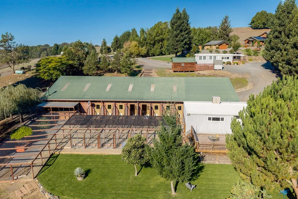 Aerial view of a property with a large farmhouse, chicken coop, a lawn with trees, and surrounding houses in a rural area.
