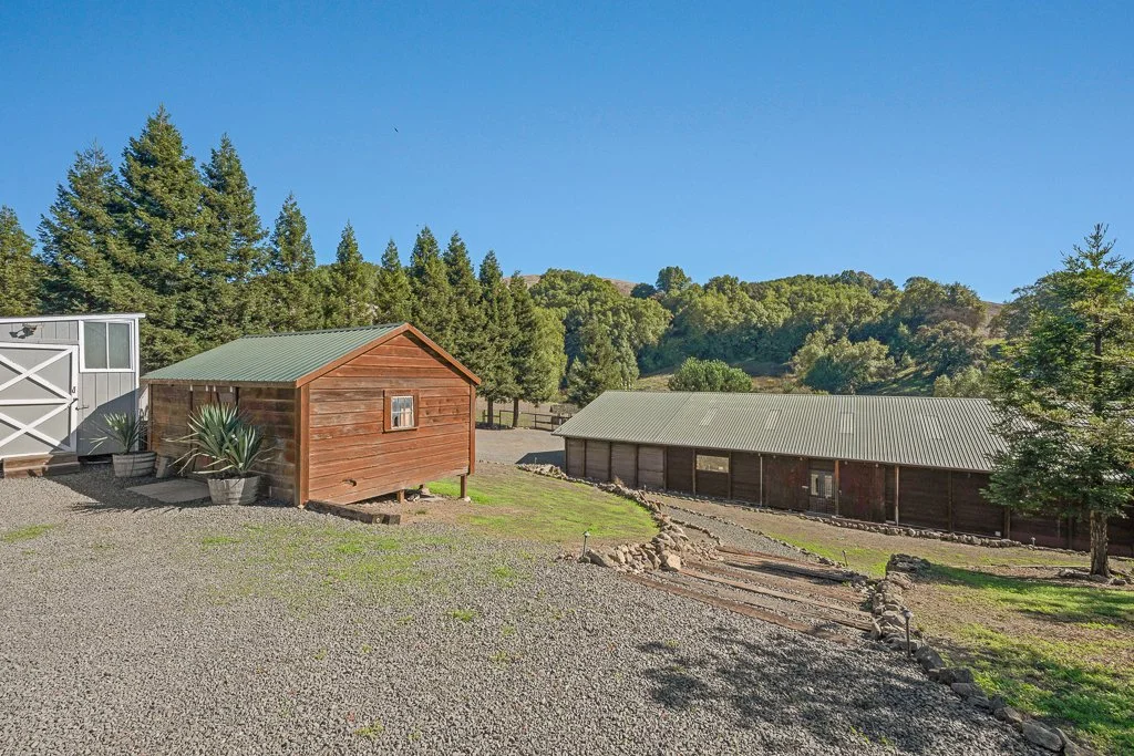 Two wooden sheds in a yard with gravel and grass, surrounded by trees and a blue sky.