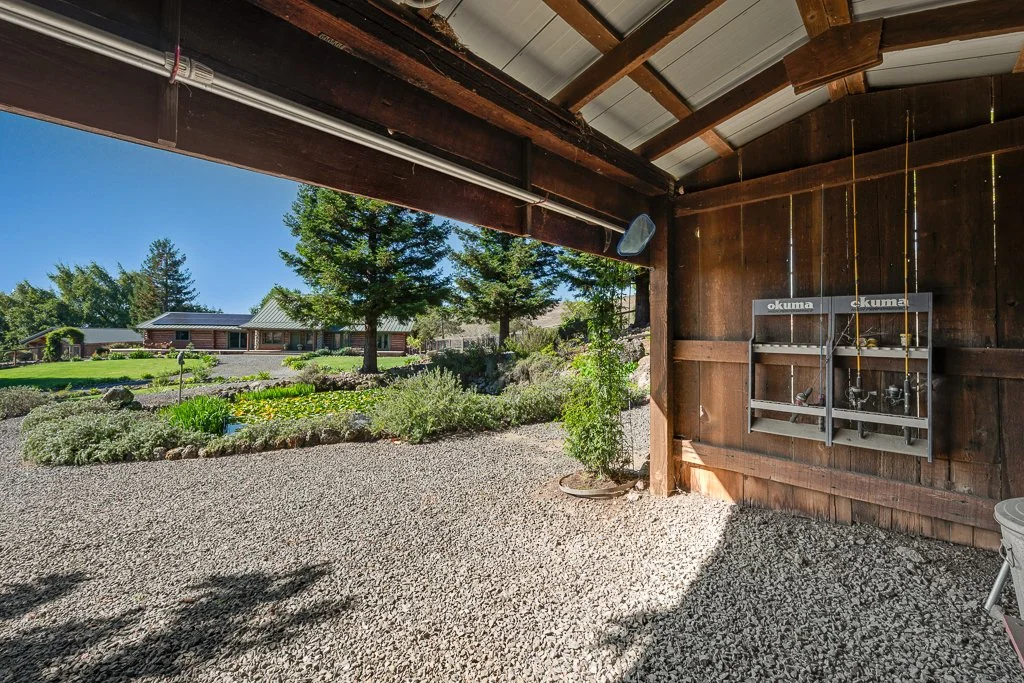 View from inside a rustic shed looking out onto a garden with trees, bushes, and a house in the background on a sunny day.