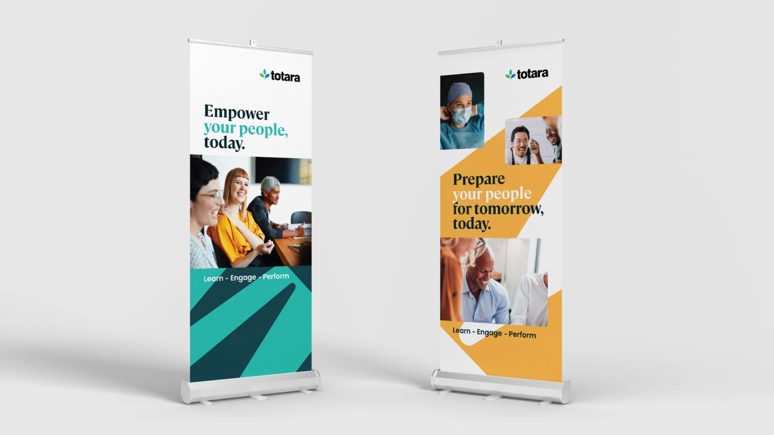 Promotional banner showcasing a consistent brand identity through bold graphics, typography, and custom illustrations