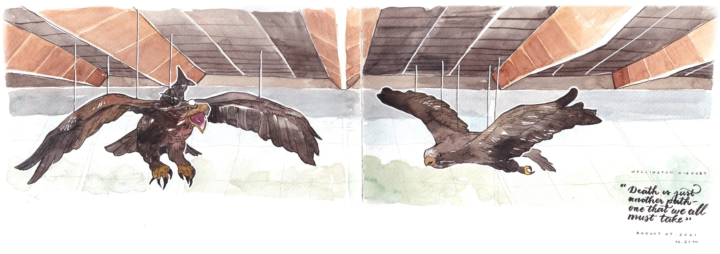 Hand drawn watercolor illustration of Gandalf and the Giant Eagles from The Lord of The Rings in Wellington Airport, Middle of Middle Earth