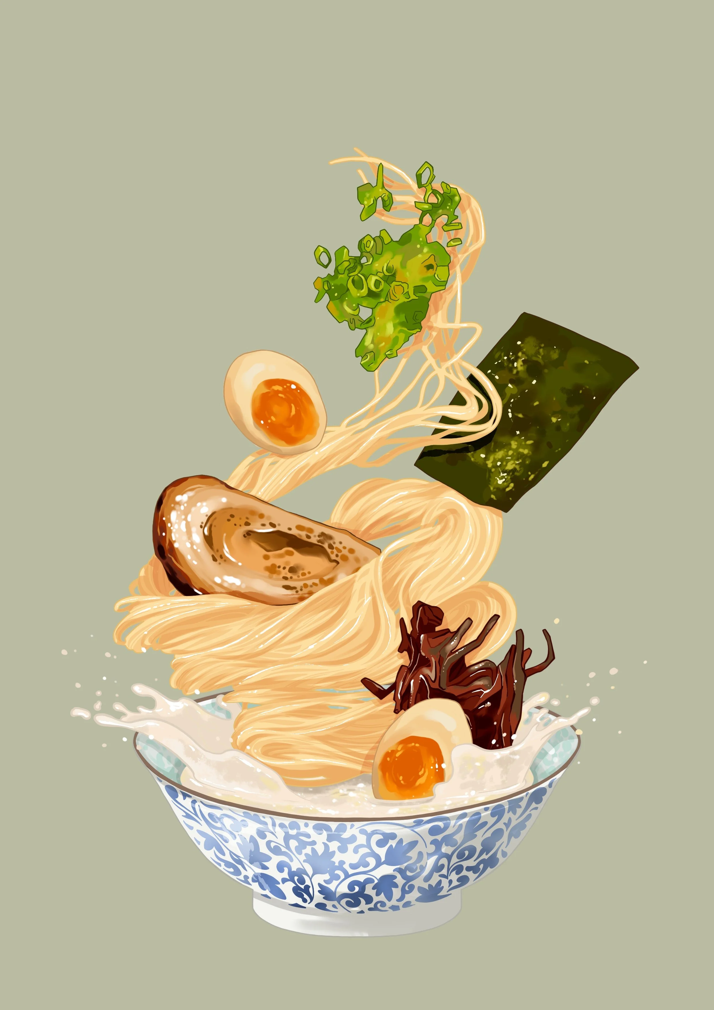 Bespoke hand-drawn food illustration for a ramen restaurant featuring pork belly, nori seaweed, onsen egg and spring onion topping