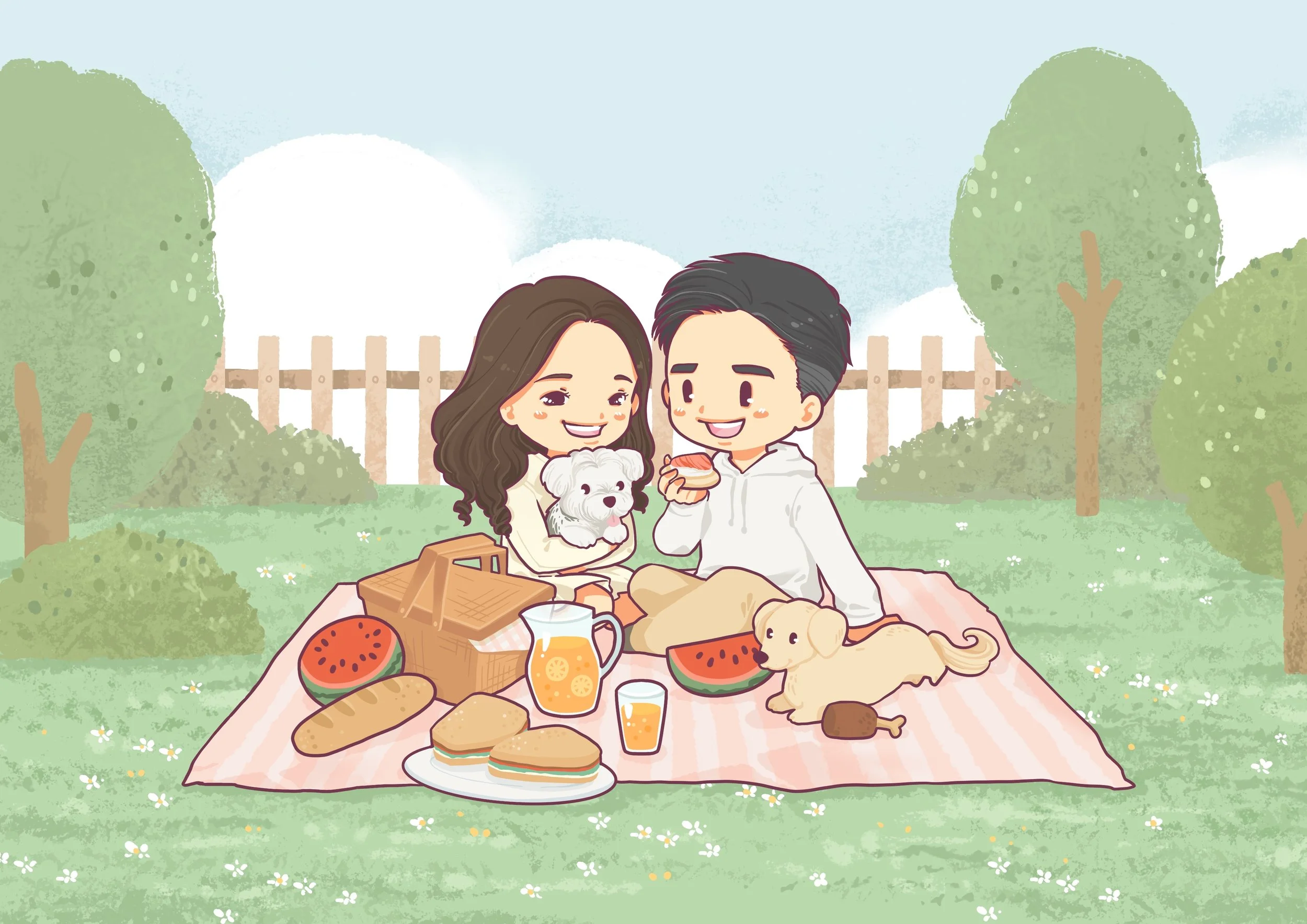 Custom illustration artwork of a couple portrait having a picnic with their pet dog in a park