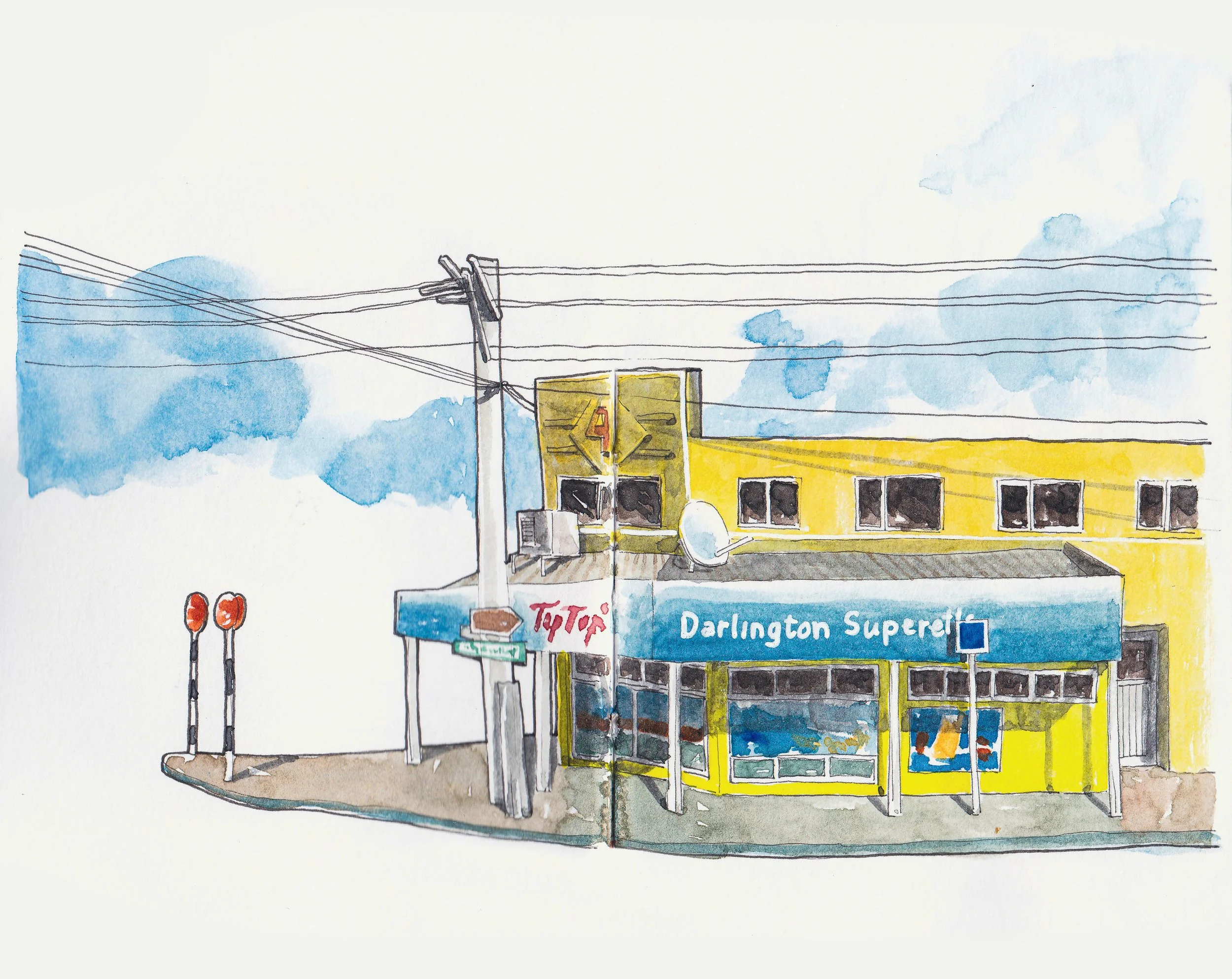Urban sketch watercolor illustration capturing the atmosphere of a childhood memory dairy in Darlington Rd, Miramar, Wellington, NZ