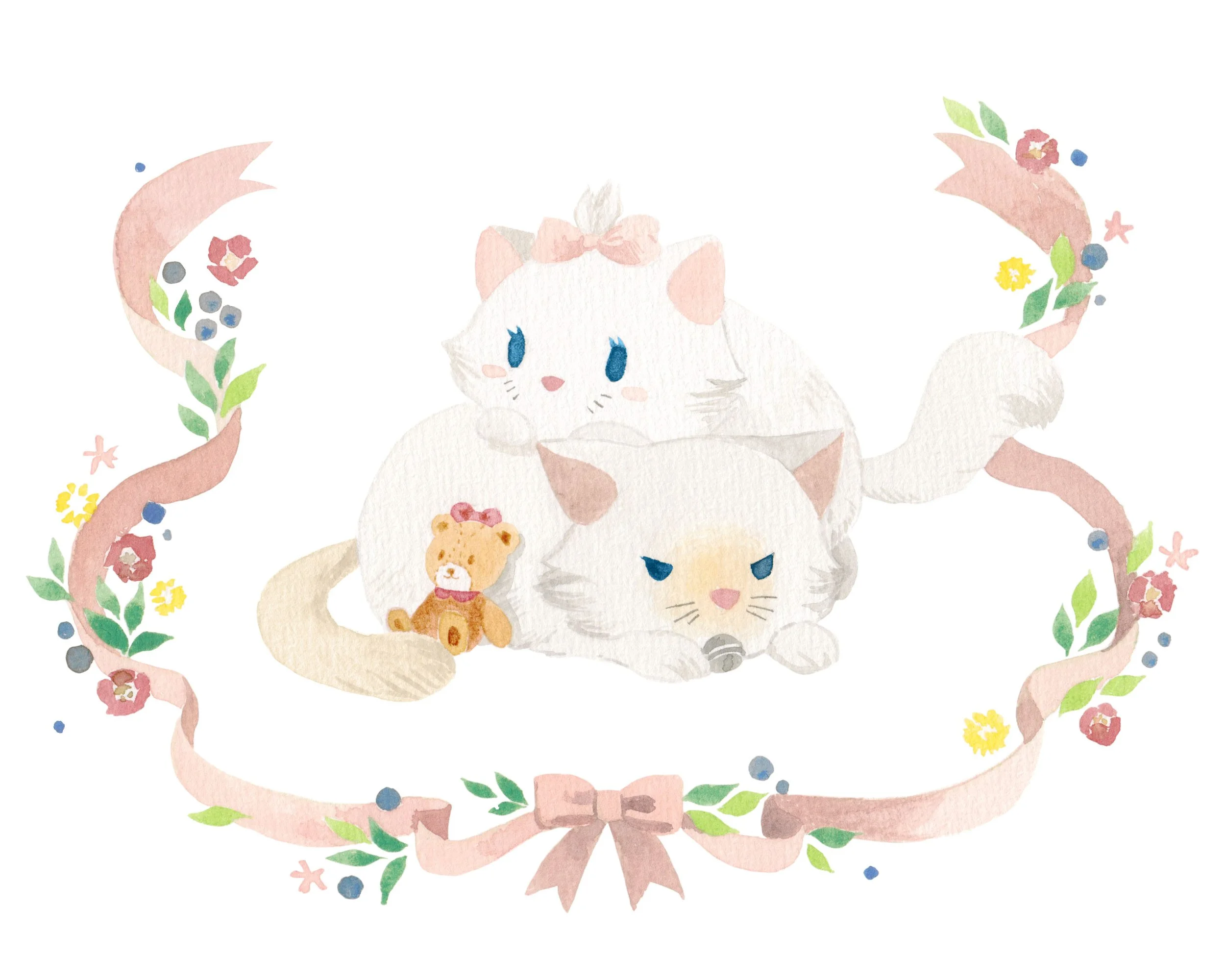 Custom illustration artwork created as a kids birthday invitation featuring their white pet cat and cute Disney Aristocat's Marie