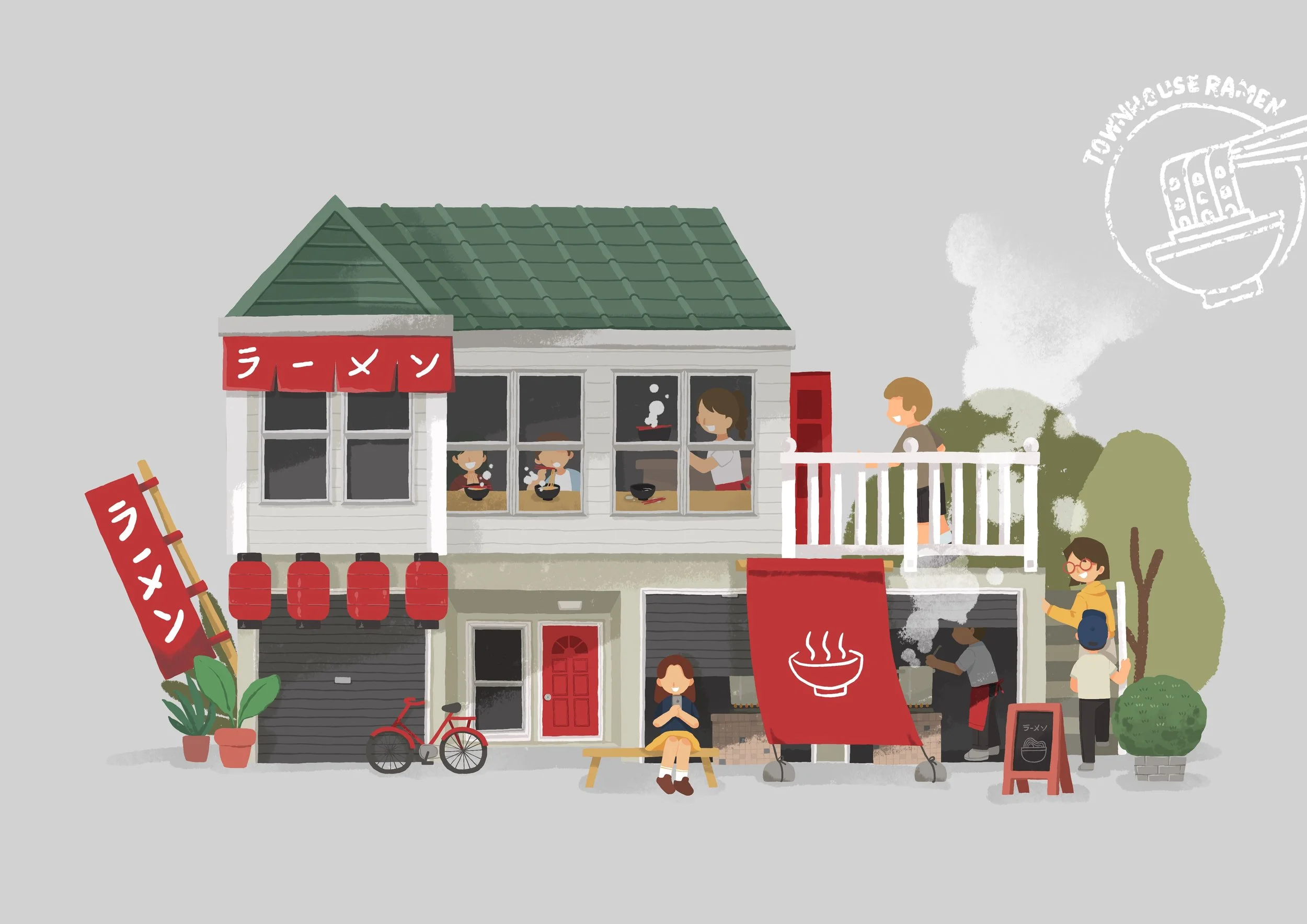 Custom illustration artwork of a ramen shop on a residential townhouse