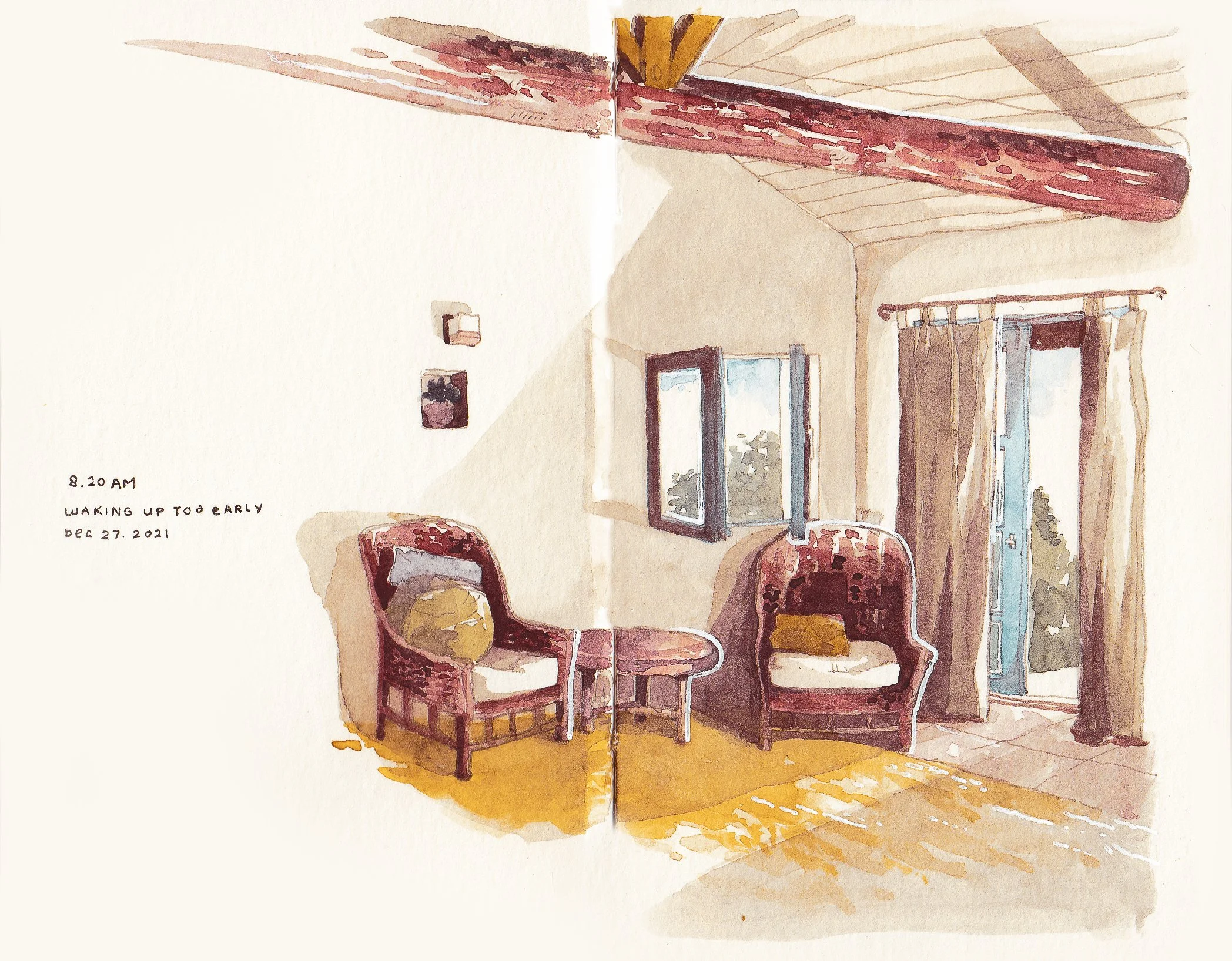 Hand-drawn building illustration capturing unique architectural details and character of Hawkhill Cottage, Napier